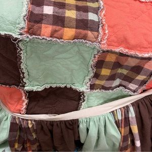 Handmade quilt and crib skirt. Mint, coral and plaid.